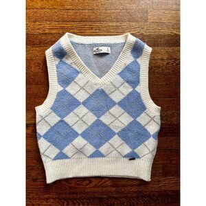 Hollister Cropped Argyle Sweater V-neck Vest Blue Cream Size Small